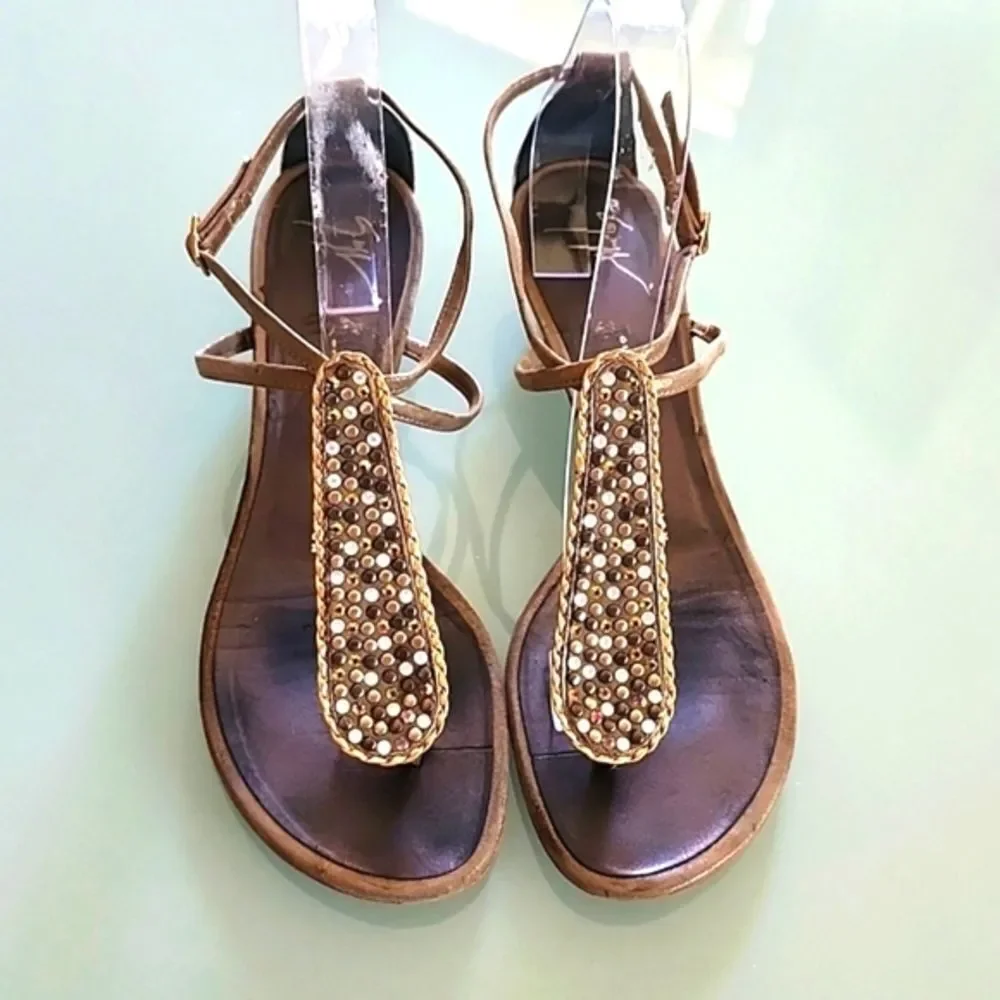 Giuseppe‎ Zanotti Crystal Embellished T-Strap Boho Luxe  Chic Sandals Size 39.5